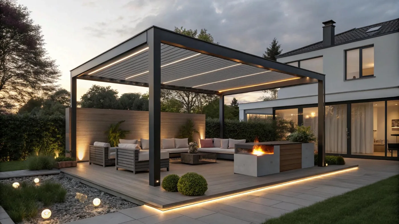 Pérgola bioclimática iluminada al atardecer